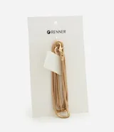 Correa para celular tipo cordón de metal dorado con diseño de cadena serpiente, equipada con mosquetones tipo langosta en los extremos y soporte plástico para sujeción al dispositivo.