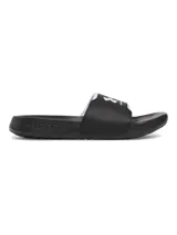 Sandalias tipo ojota Under Armour, color negro con logo blanco en la correa. Presentan una plantilla de EVA acolchada para mayor amortiguación y una suela duradera con tracción.