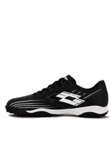 Zapatillas de fútbol 5 Lotto Solista TF, color negro con detalles en blanco, diseñadas para césped sintético.