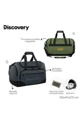 Bolso deportivo tipo duffel bag de color gris oscuro con detalles en negro. Presenta el logo de Discovery estampado en el frente y cuenta con asas de mano y correa ajustable para hombro.