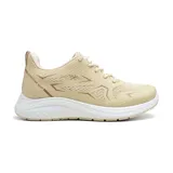Championes deportivos color beige con detalles en marrón y suela blanca.