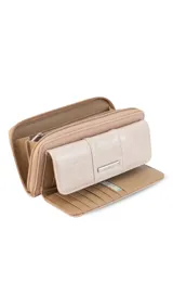 Billetera larga marca Lincoln's, color bordó con interior beige. Presenta un diseño con solapa frontal, múltiples compartimentos para tarjetas, visor y monedero con cierre.