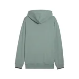 Buzo hoodie verde con logo Puma estampado en el frente en colores celeste y amarillo.
