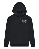 Buzo hoodie negro con capucha y cordones ajustables. Estampado pequeño con el logo de la marca Deus Ex Machina en el pecho.