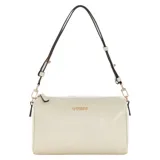 Cartera tipo bowling Guess modelo Kassie, color off-white, con cierre superior, logo metálico dorado en el frente y correa ajustable.