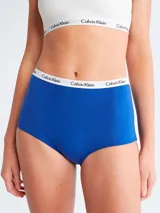 Bombacha de talle alto Calvin Klein Carousel color azul con cintura elástica blanca con logo de la marca.