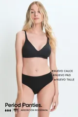 Vedetina menstrual de microfibra con corte láser y terminaciones bondeadas. Cuenta con laterales anchos y un pad interno de absorción moderada con forro de algodón en contacto con la piel.