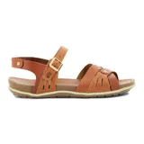 Sandalia de cuero para mujer, en combinación de colores marrón y beige, con diseño de tiras cruzadas en la parte delantera y tira con hebilla ajustable en el talón.