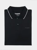 Remera tipo polo negra de algodón, con cuello y borde de mangas con línea blanca.