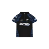 Remera de ciclismo Eme Studios de manga corta y cuello alto con cierre parcial, en color negro con detalles azules y estampados gráficos en el pecho y las mangas.