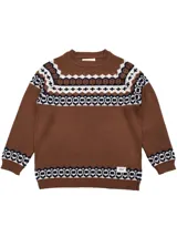 Buzo marrón tejido en lana y acrílico con diseño geométrico en blanco y azul.