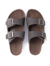 Sandalia tipo Birkenstock color negro con doble tira ajustable mediante hebillas metálicas y plantilla de corcho.