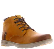 Botas de cuero color tostado con cordones oscuros, diseño de caña media y suela de goma antideslizante en tono claro.