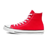 Championes de caña alta Converse All Star, color rojo con cordones blancos, puntera de goma blanca y suela de goma con franja negra.