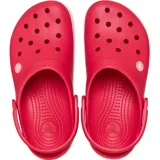 Zuecos Crocs modelo Crocband™ en color lila claro con plataforma blanca y una línea decorativa morada. Presentan el diseño clásico con orificios de ventilación y tira trasera ajustable.