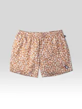 Short de baño con estampado animal print en tonos marrón y lila, con cintura elástica y logo bordado en la pierna.