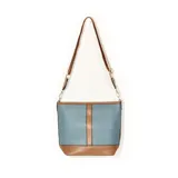 Cartera tipo bandolera color celeste con detalles en marrón.