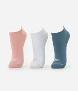 Pack de tres pares de medias invisibles de caña baja, confeccionadas en algodón en tonos rosado, blanco y azul.