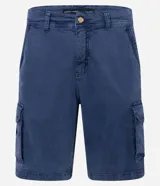 Bermuda cargo para hombre en sarga gris oscuro, con bolsillos laterales con solapa y cierre de botón y cremallera.