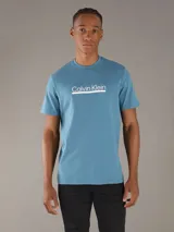 Remera de algodón de corte regular, color azul, con cuello redondo y logo de la marca estampado en el pecho.