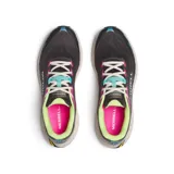 Championes de trail running Merrell Promorph color negro con detalles en turquesa, fucsia y verde lima, con entresuela gruesa moteada y suela Vibram.
