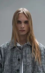 Campera de denim rígido con diseño de trama texturizada en tonos grises y negros. Presenta cuello camisero, cierre frontal con botones, mangas largas y dos bolsillos frontales con solapa.