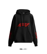 Buzo canguro negro con capucha y cordones ajustables. Estampado del logo de Fórmula 1 en rojo en el pecho y en las mangas.