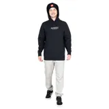 Canguro negro de algodón orgánico con capucha, cordones ajustables, bolsillo tipo canguro y logo estampado en el pecho.