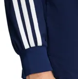 Remera tipo polo de manga larga Adidas, color azul marino con cuello y botones en color blanco, y las tres líneas características de la marca en blanco a lo largo de las mangas.