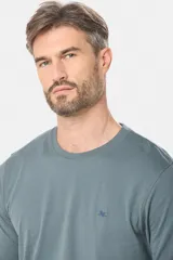 Remera de manga larga color verde grisáceo, con escote redondo y logo bordado en azul en el frente.