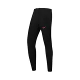 Pantalón de fútbol Nike Dri-FIT Strike para hombre, color negro con logo naranja en el muslo izquierdo y paneles texturizados en la parte inferior de las piernas.