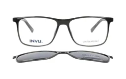 Lentes de receta con clip-on solar polarizado marca INVU, modelo 42615A en color gris traslúcido. Diseño de marco rectangular con acabado brillante.