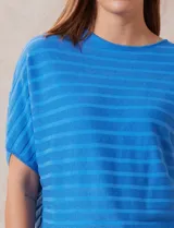 Buzo azul de tejido acanalado marca Ninety, con mangas cortas japonesas.