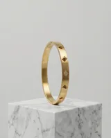 Esclava rígida de acero con baño de oro, decorada con tachuelas cuadradas y circonias incrustadas.