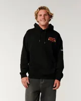 Canguro negro con capucha y bolsillo tipo canguro, confeccionado con felpa de algodón. Presenta un gran estampado gráfico en la espalda con la inscripción 'Bells Beach Australia' y un diseño alusivo al evento de surf, con llamas en los laterales.