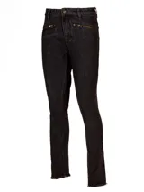 Pantalón skinny de tiro medio confeccionado en denim gris oscuro. Presenta bolsillos delanteros con cierre metálico, cierre de botón y ruedo con terminación desflecada.