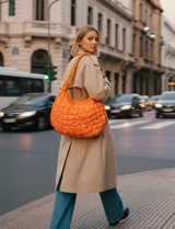 Bolso tipo hobo de diseño capitoneado en color naranja vibrante. Presenta una textura acolchada, asa integrada al cuerpo del bolso y cierre superior.