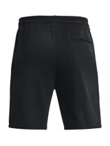 Short deportivo Under Armour de la línea Rival Fleece, color negro, confeccionado en mezcla de algodón con interior cepillado. Presenta cintura elástica con cordón ajustable, bolsillos laterales y logo de la marca en la pierna.