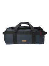 Bolso de viaje tipo duffel color azul marino, resistente al agua, con compartimento principal con cierre, múltiples bolsillos internos y externos, correas ajustables y manijas reforzadas.