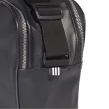 Bolso Adidas negro con logo y texto en blanco, correa ajustable y doble asa de mano.