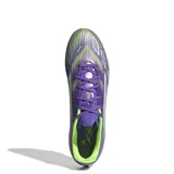 Championes de fútbol Adidas F50 League FG, diseñados para césped natural y artificial. Presentan una capellada de Fiberskin con diseño Sprintgrid en tonos violeta y verde neón, con suela Sprintplate 360 para mayor tracción y estabilidad.