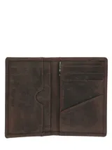 Billetera bifold tarjetero de cuero natural color marrón, con diseño vertical, costuras pespunteadas a contratono y detalle de logo grabado en la esquina inferior.