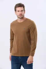 Remera manga larga lisa, color gris claro, con cuello redondo y logo bordado en el pecho.