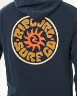 Canguro Rip Curl de color azul marino, con capucha ajustable mediante cordón, bolsillo tipo canguro en la parte frontal y estampado circular con logo en el pecho.