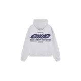 Hoodie oversize de color gris melange, con capucha, mangas largas y puños y dobladillo en rib. Presenta un gran estampado gráfico en contraste en la espalda con el logotipo y textos de la marca Eme Studios.