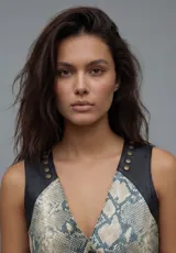 Chaleco ajustado con escote en V, cierre frontal con botones y detalles de tachas doradas. El cuerpo principal presenta un estampado de piel de serpiente en tonos beige y azul verdoso, contrastado con paneles de cuero negro en los hombros y el bajo.