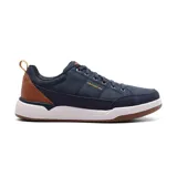 Zapato casual Skechers Relaxed Fit: Corliss - Draven, color azul marino con detalles en marrón. Capellada de lona y tejido sintético con cordones elásticos. Plantilla Skechers Air-Cooled Memory Foam con infusión de carbón y amortiguación Skechers Goga Mat Arch.