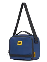 Lonchera unisex Caterpillar de color azul marino, con compartimento principal con cremallera y aislamiento térmico. Cuenta con correa ajustable para el hombro y presillas frontales para fijar accesorios.