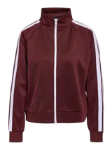 Campera deportiva de cuello alto con cierre frontal completo, mangas largas raglán con franjas laterales blancas en contraste y puños elásticos.