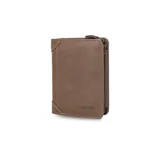 Billetera de cuero color marrón oscuro con broche metálico. Incluye monedero con cierre, compartimento para billetes y ranuras para tarjetas.